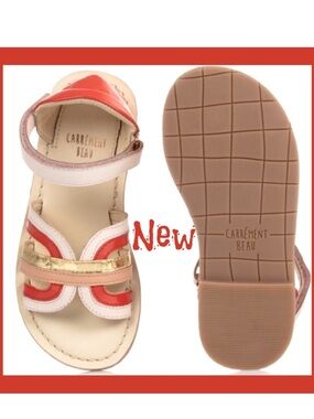 CARREMENT BEAU Girls Tan & Coral Leather Sandals w/ Gold Accent - Sz 9 (25) NEW